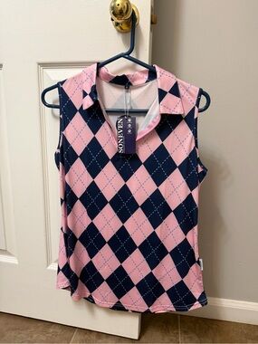 Pink & Navy Argyle Sleeveless Polo Tank Top